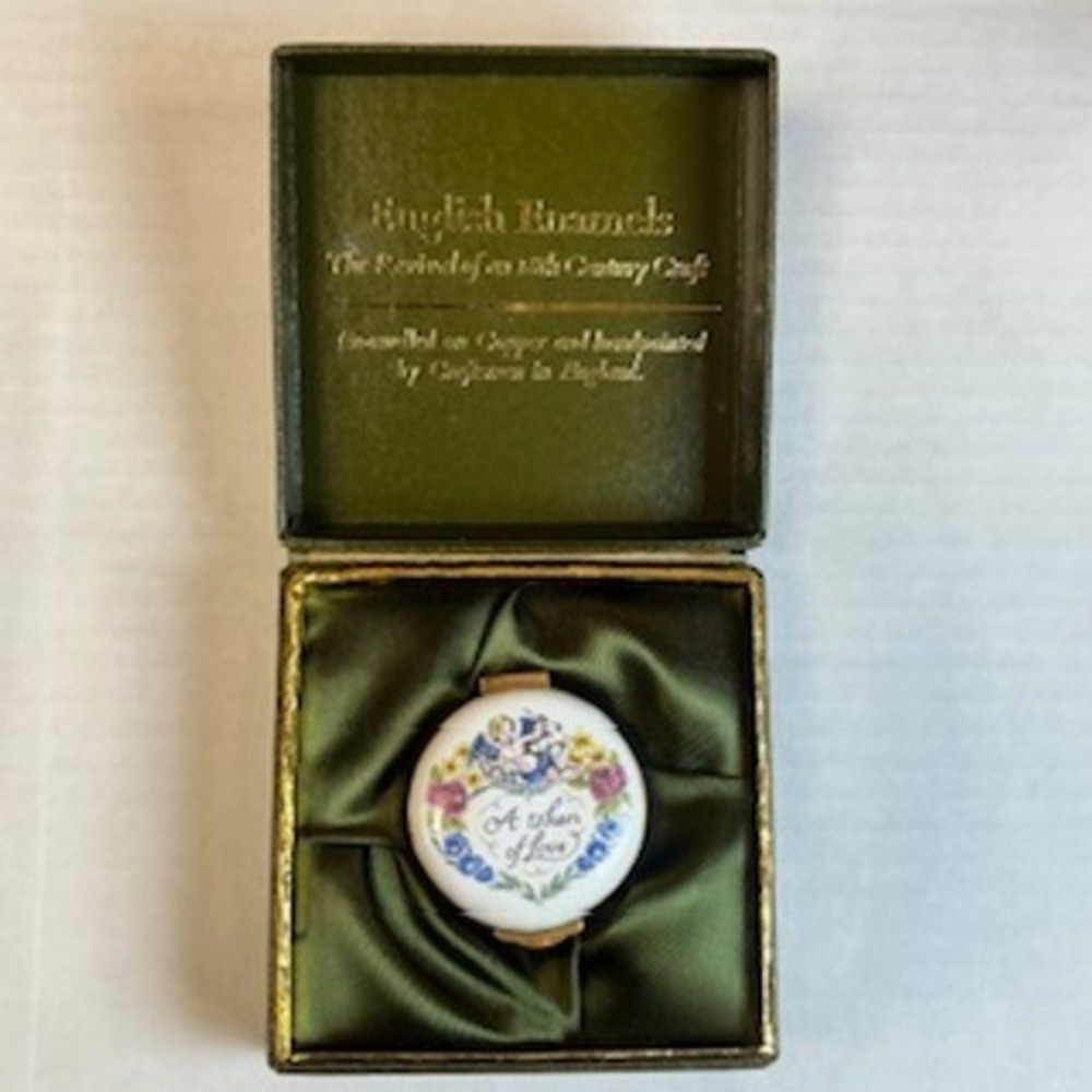 Crummles English Enamels A Token of Love Cherub Trinket Pill Box Blue Made in UK